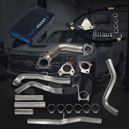 LML Carepackage DIY Kit - complete bundle with exhaust, up-pipe, EGR delete kit, and EZ Lynk AutoAgent over LML Duramax truck background